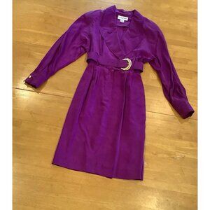 Vintage Casual Corner 100% Silk Dress Magenta Pink V-neck Long Sleeves Belt Sz 8